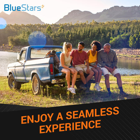 BlueStars lifestyle banner featuring a group of friends sitting on a truck tailgate by a lake.