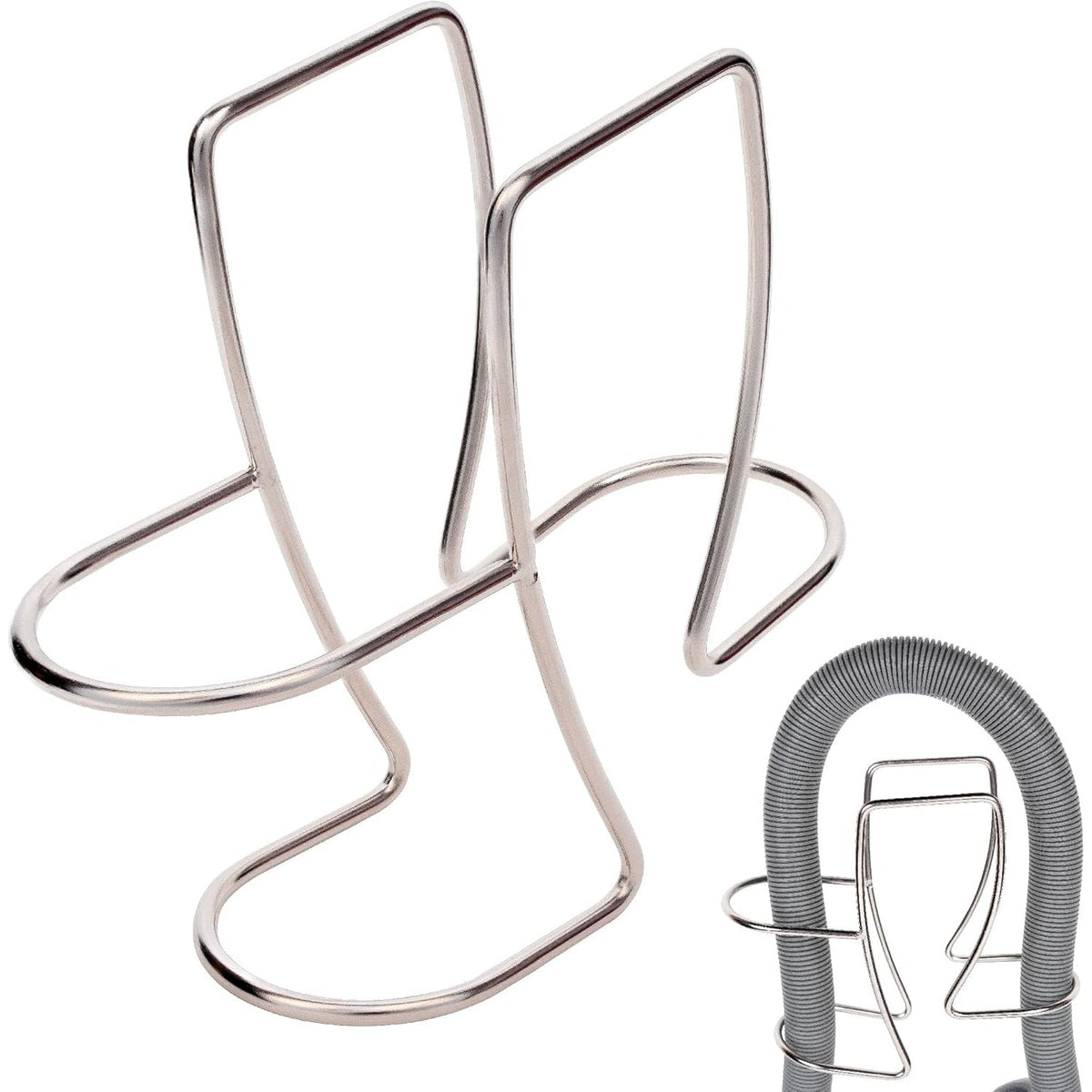 Stainless steel adjustable drain hose holder for utility sinks and washing machines.