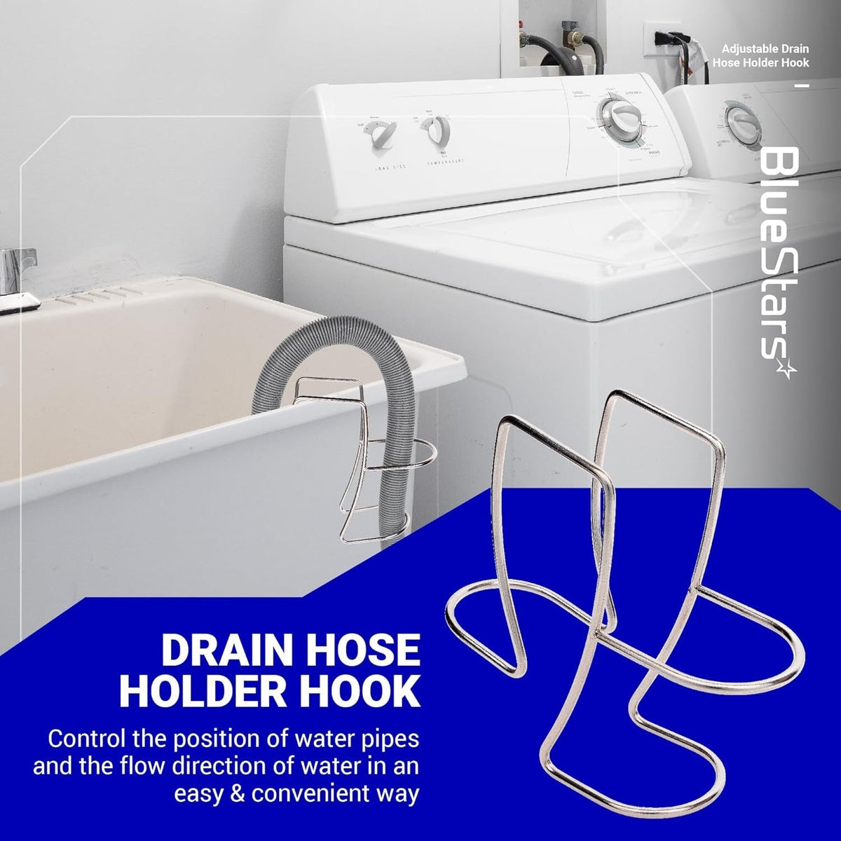 Stainless steel adjustable drain hose holder hook secured on a laundry tub with a washing machine drain hose.