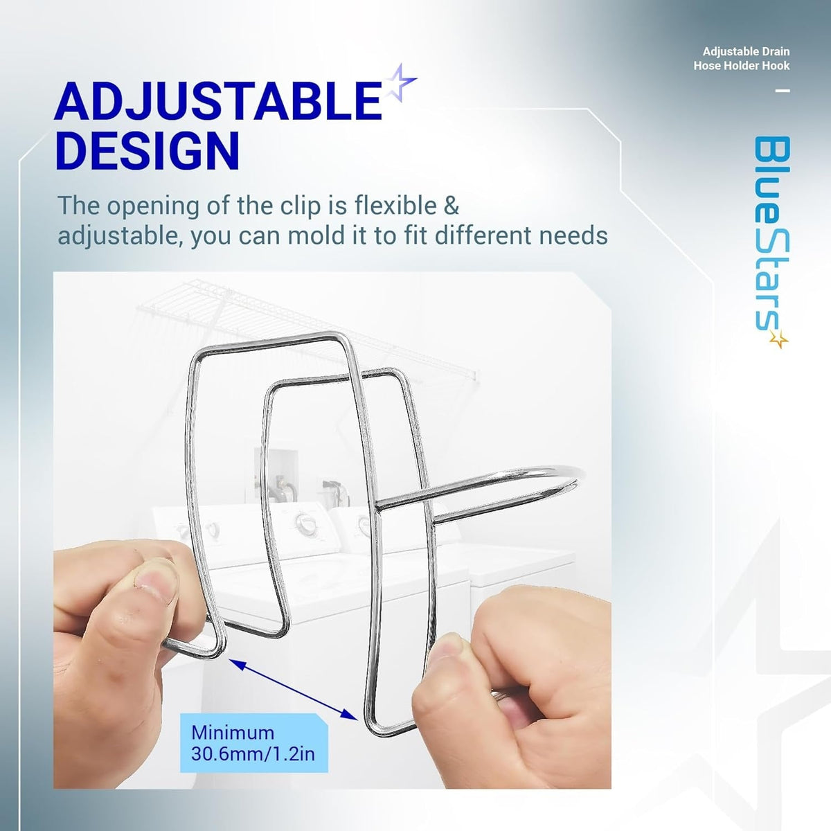 Hands adjusting the flexible stainless steel drain hose holder to demonstrate its adjustable design.