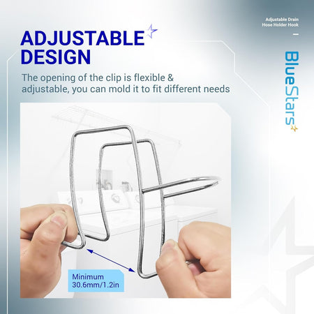 Hands adjusting the flexible stainless steel drain hose holder to demonstrate its adjustable design.