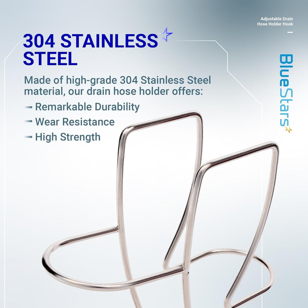 Close-up of 304 stainless steel adjustable drain hose holder for washing machine and utility sink.