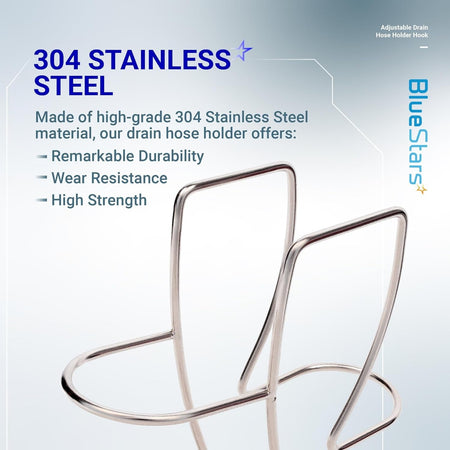 Close-up of 304 stainless steel adjustable drain hose holder for washing machine and utility sink.