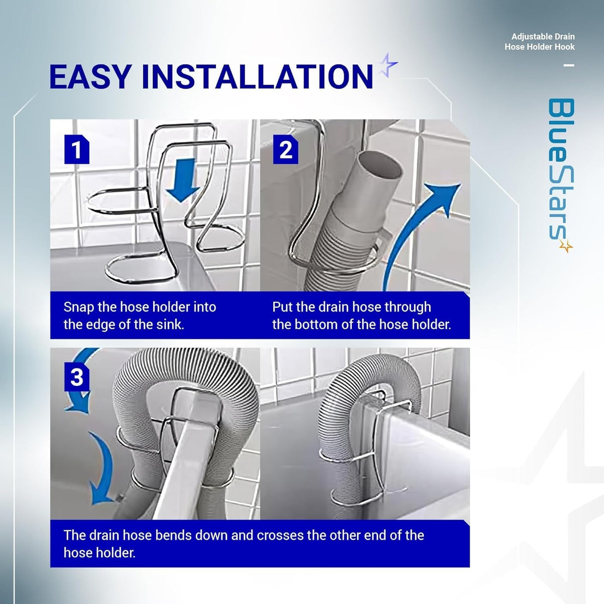 Three-step installation guide for the stainless steel adjustable drain hose holder on a utility sink.