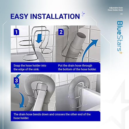 Three-step installation guide for the stainless steel adjustable drain hose holder on a utility sink.