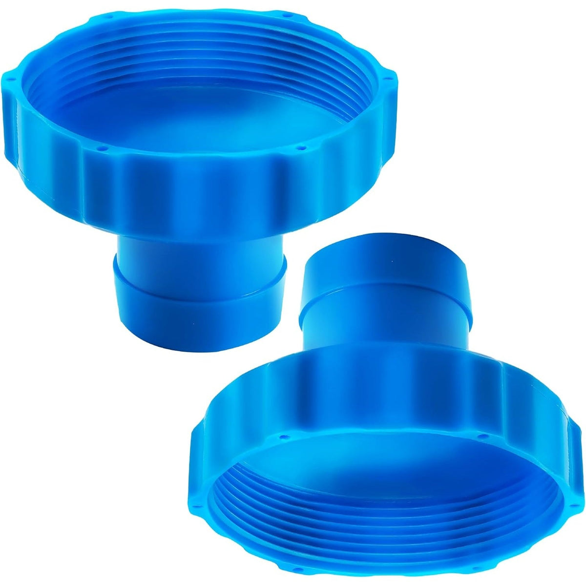 Two blue 11238 hose adapters for above ground swimming pool skimmer kits.