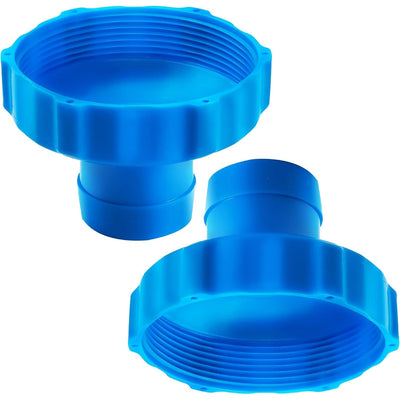 Two blue 11238 hose adapters for above ground swimming pool skimmer kits.