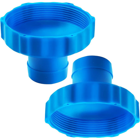 Two blue 11238 hose adapters for above ground swimming pool skimmer kits.