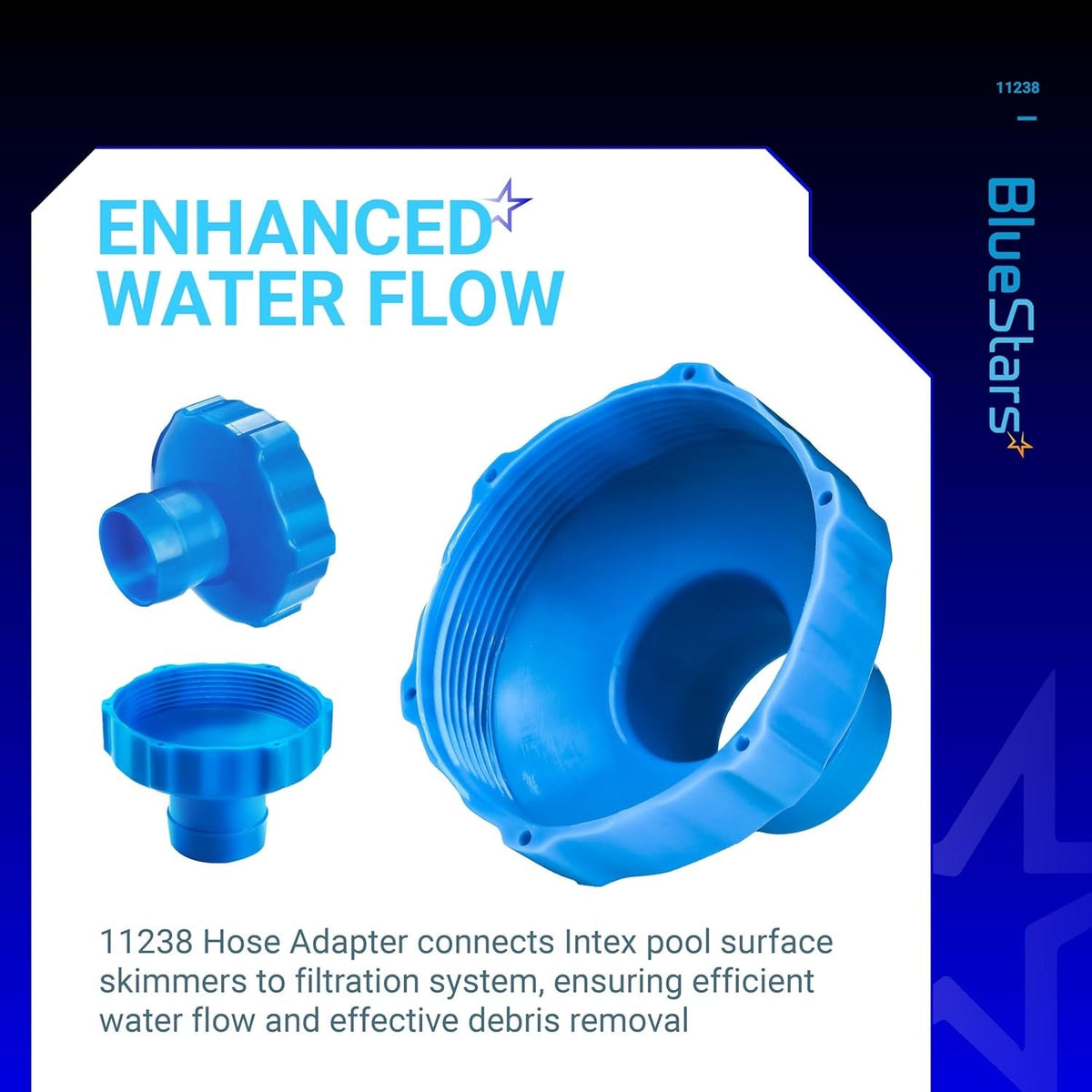 Two 11238 blue plastic hose adapters for above ground swimming pool skimmer kits shown from multiple angles.