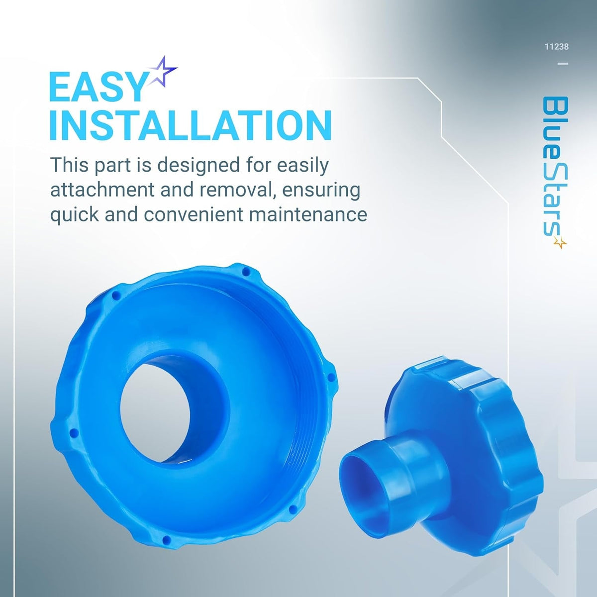 Two blue 11238 hose adapters for above ground swimming pool skimmer kits shown from different angles.