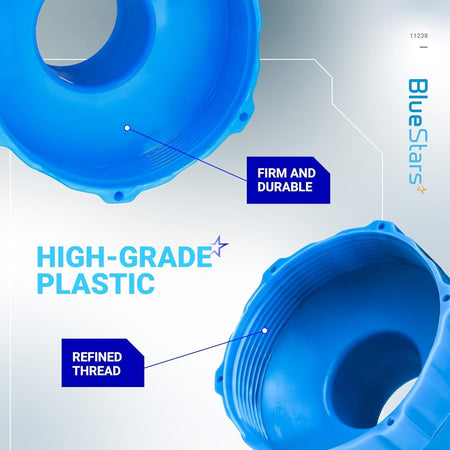 Close-up of 11238 blue plastic pool skimmer hose adapter showing durable construction and refined threading.