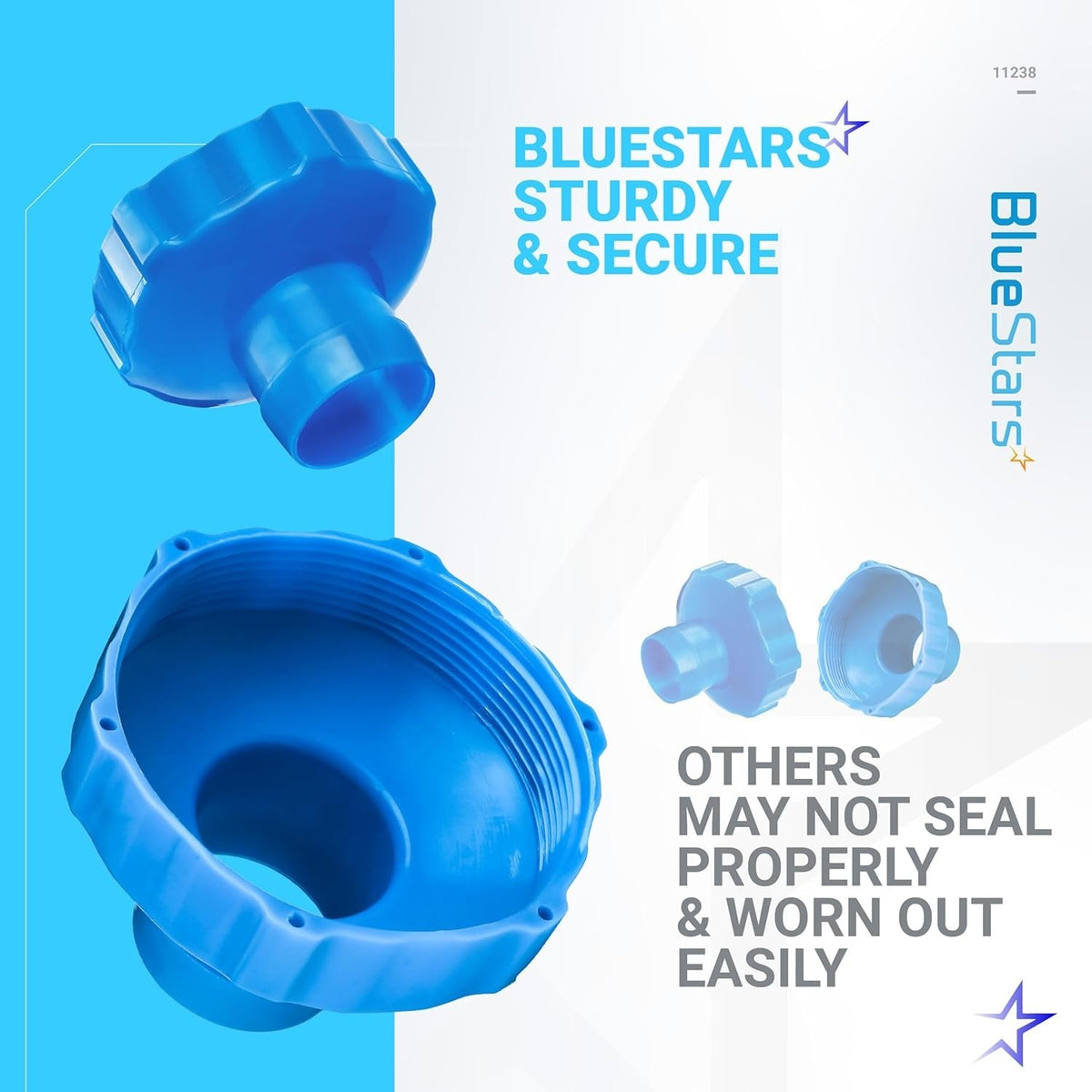 BlueStars 11238 hose adapter for above ground pool skimmers, showing top and bottom views of the blue plastic fitting.