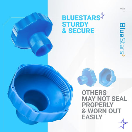 BlueStars 11238 hose adapter for above ground pool skimmers, showing top and bottom views of the blue plastic fitting.