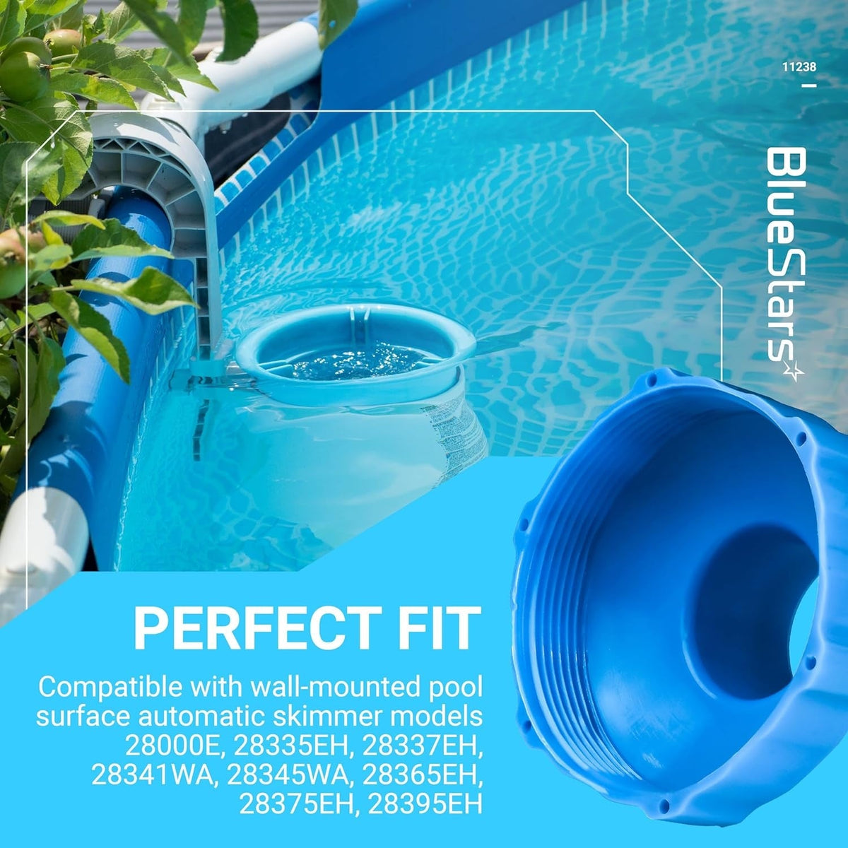 11238 blue hose adapter for above ground swimming pool skimmer, shown in a lifestyle application graphic.