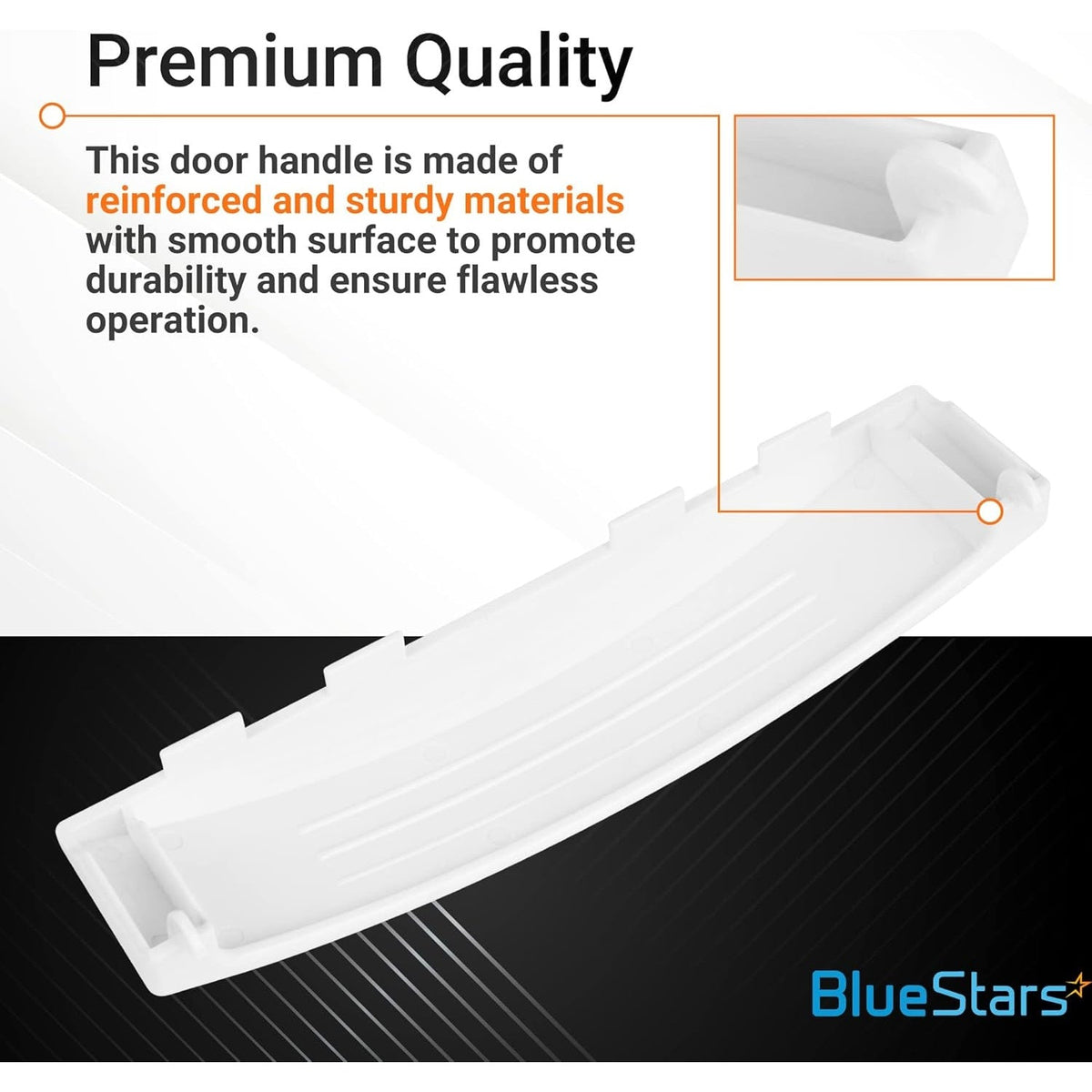 White WE01X30378 dryer door handle replacement with close-up detail of reinforced construction.