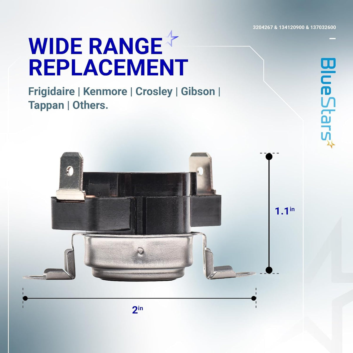 Dryer thermal limiter and thermostat replacement part with 2-inch by 1.1-inch dimensions for Frigidaire and Kenmore dryers.