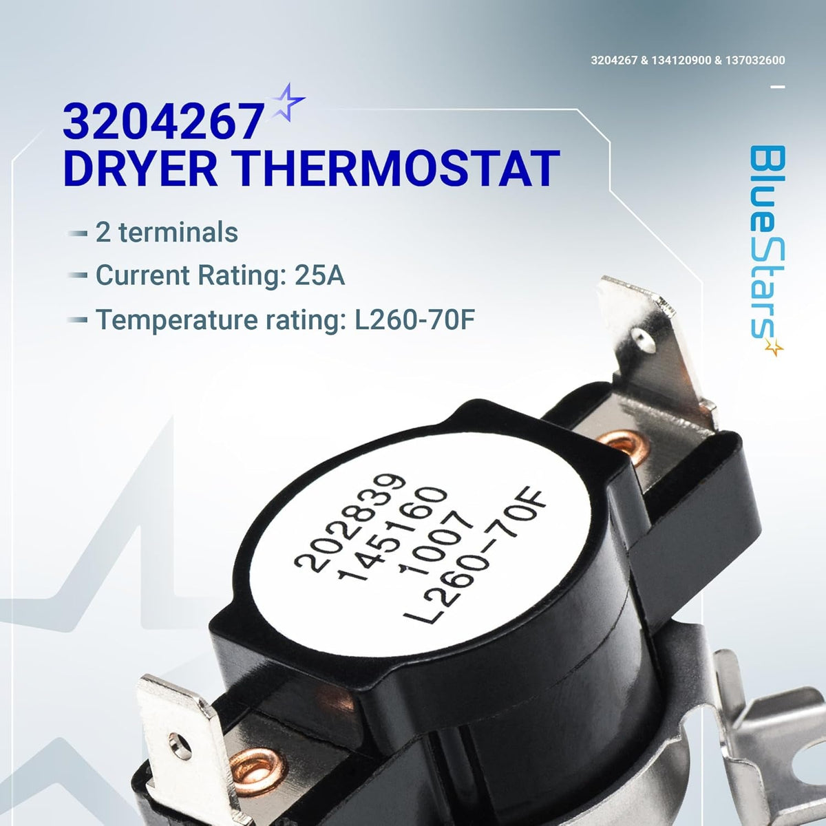 Close-up of 3204267 dryer thermostat replacement part with 2 terminals for Frigidaire and Kenmore dryers.