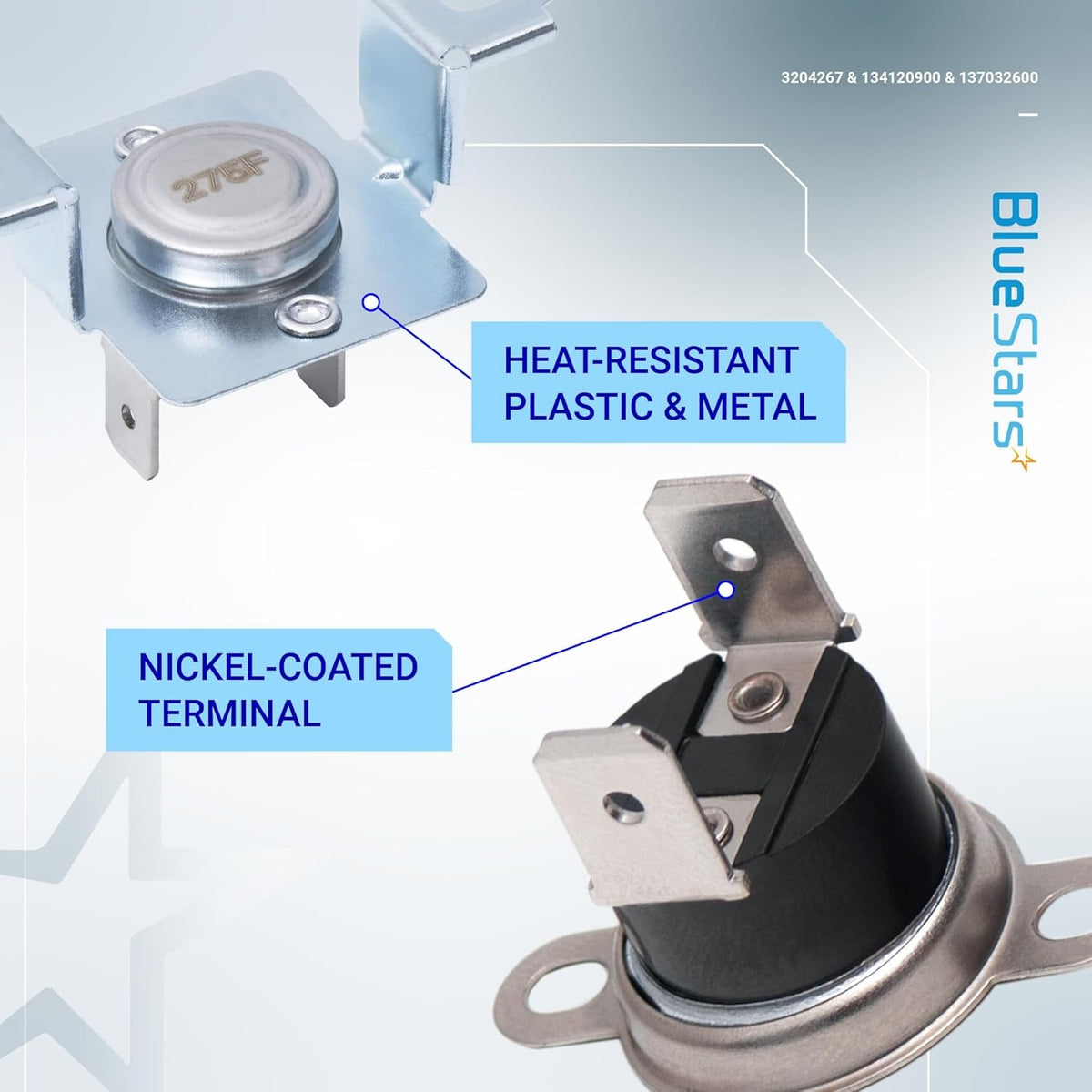 Dryer thermal limiter and thermostat replacement parts with heat-resistant metal brackets and nickel-coated terminals.