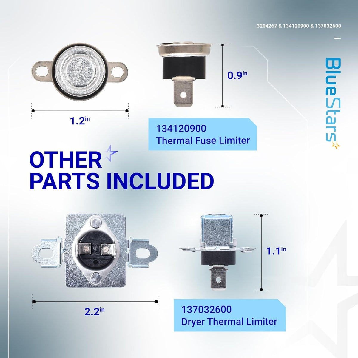 Dimensional diagram of 134120900 thermal fuse and 137032600 dryer thermal limiter replacement parts.