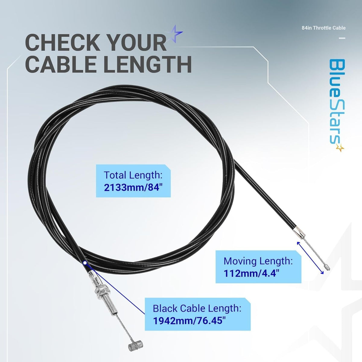 84-inch go kart throttle cable diagram showing total, housing, and moving length measurements for engine compatibility.