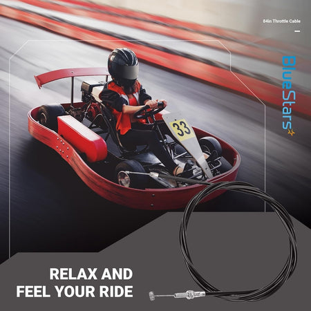 84-inch go-kart throttle cable for KT196 and 196cc/212cc/224cc engines shown in a promotional lifestyle graphic.