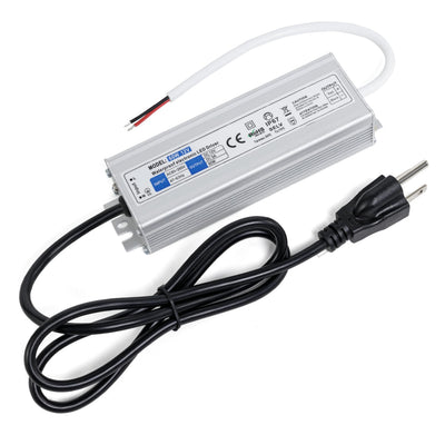 60W 12V waterproof LED power supply driver with AC input plug and DC output wires.