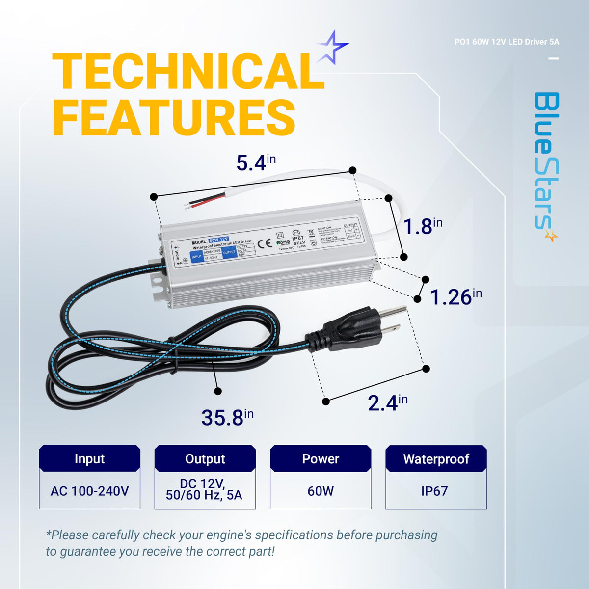 12V 60W LED power supply driver with dimensions and technical specifications diagram.
