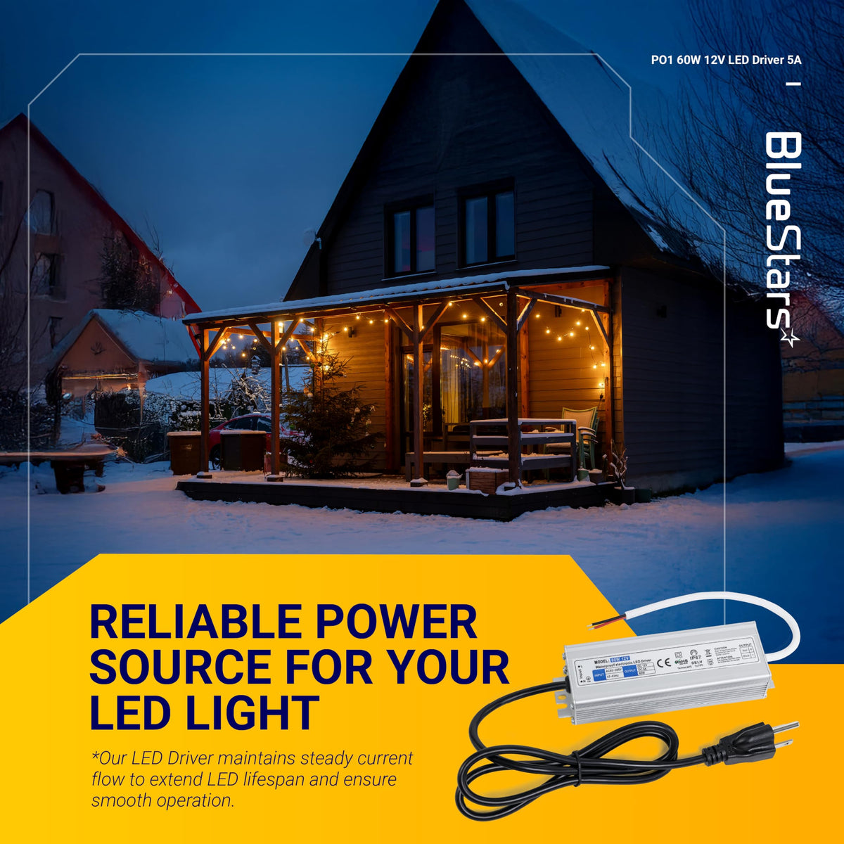60W 12V waterproof LED power supply driver powering outdoor string lights on a snowy house at night.