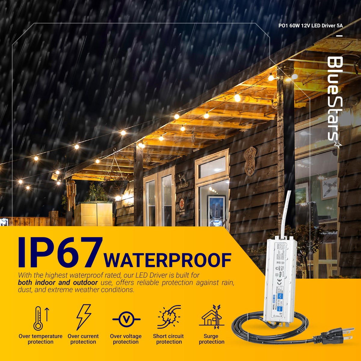 12V 60W IP67 waterproof LED power supply driver with power cord for outdoor lighting applications.