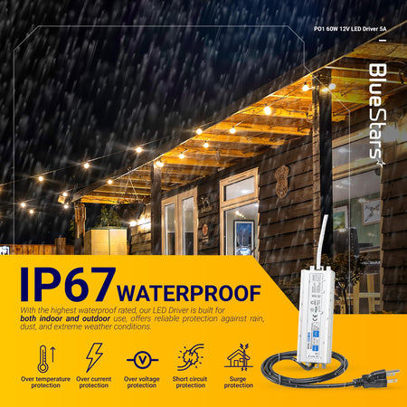 12V 60W IP67 waterproof LED power supply driver with power cord for outdoor lighting applications.