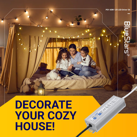 60W 12V waterproof LED power supply driver powering decorative string lights in a cozy indoor tent setting.