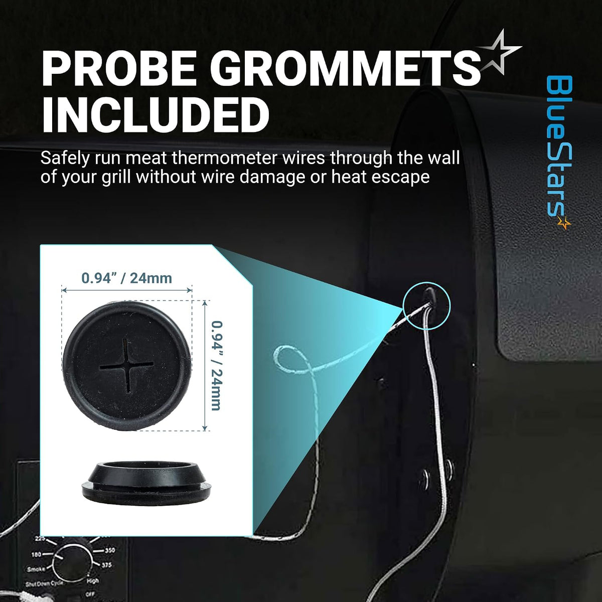 Upgraded Temp Meat Probe for Pit Boss Pellet Grills 3.5mm, probe grommet installation with 24mm dimension diagram