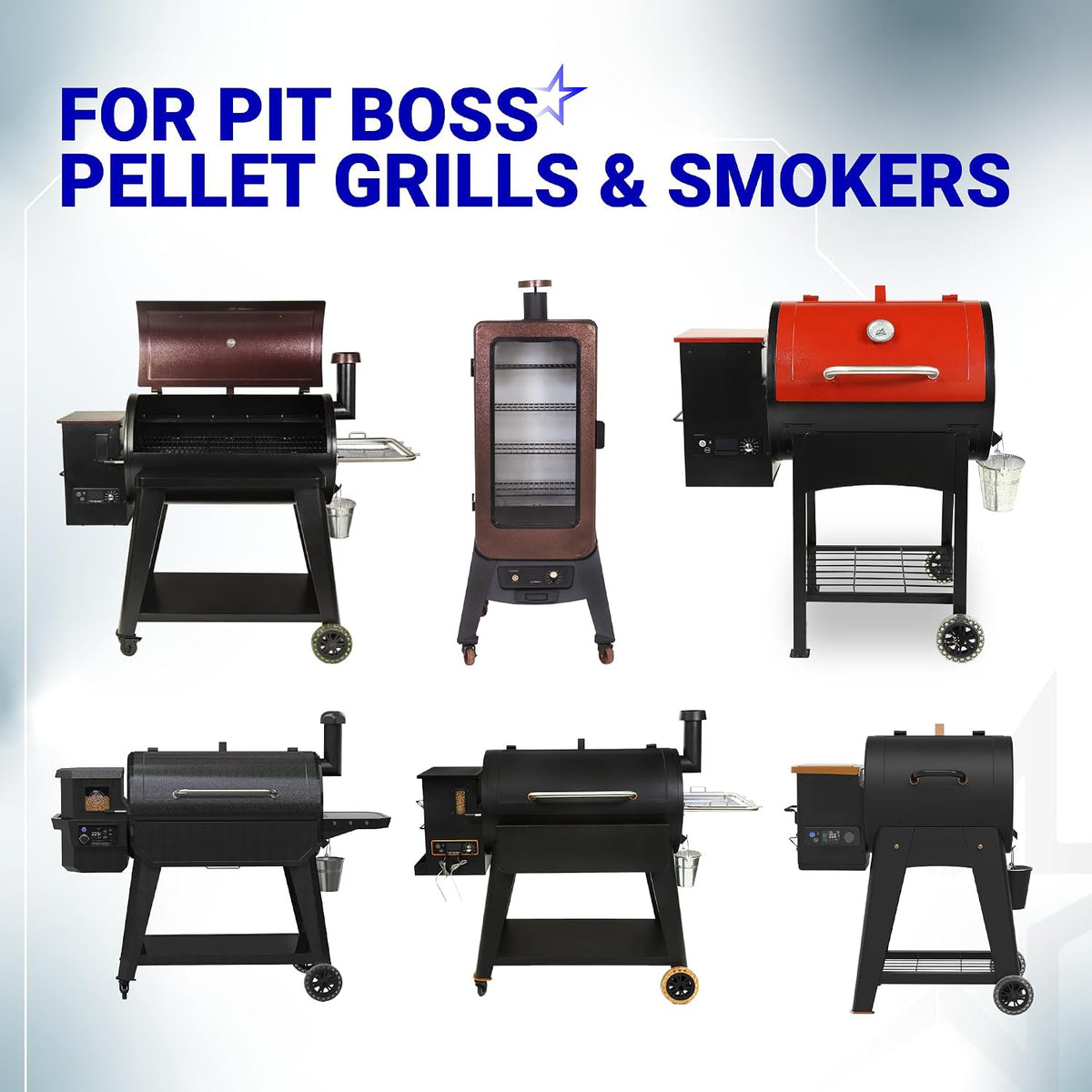 Upgraded Temp Meat Probe for Pit Boss Pellet Grills 3.5mm, collage of Pit Boss pellet grills and smokers