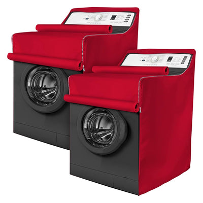 Two red premium outdoor washing machine covers installed on front-load washer and dryer units.