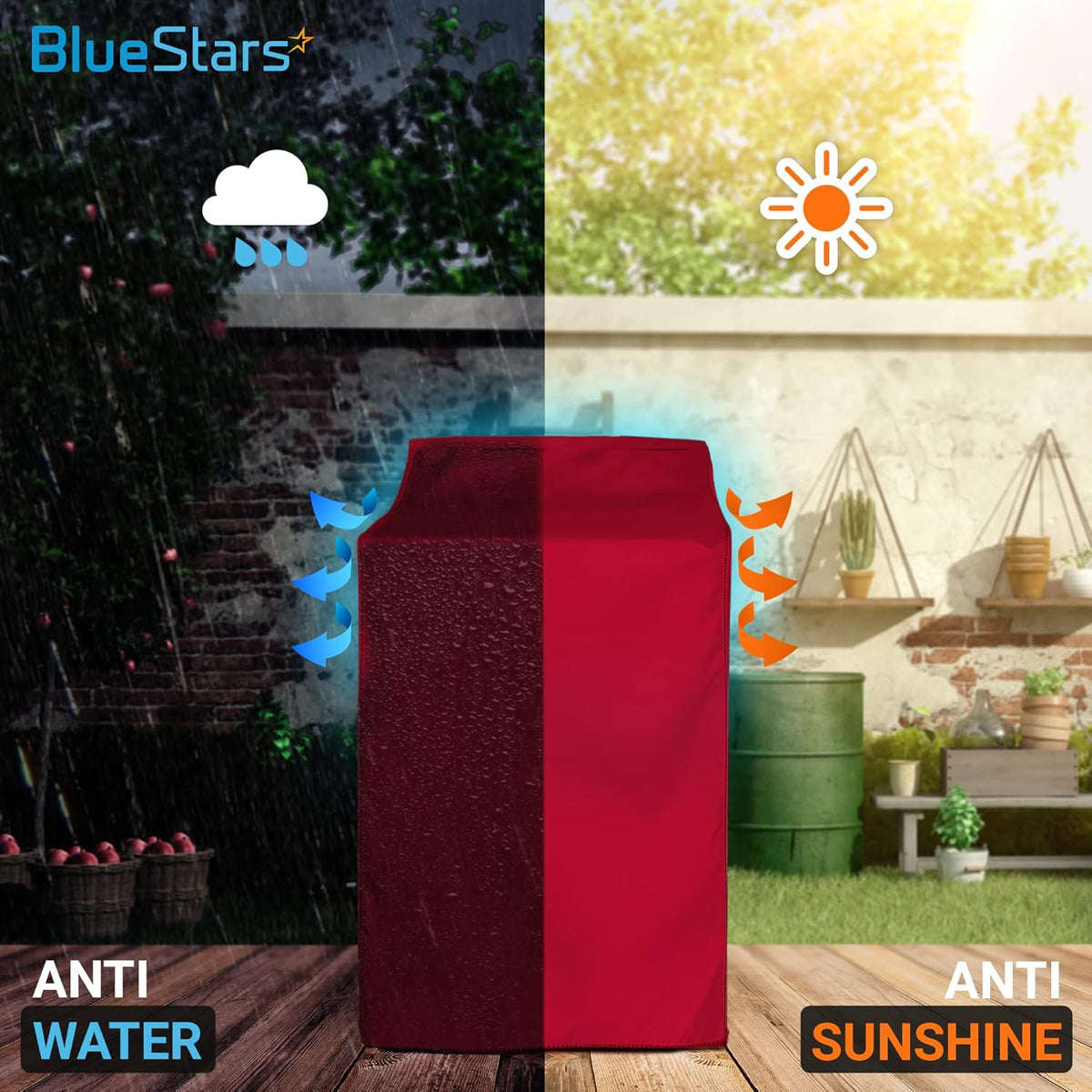 Red premium outdoor washing machine cover demonstrating waterproof and sun-resistant protection.