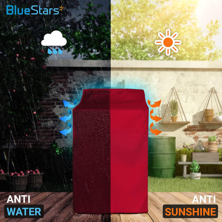 Red premium outdoor washing machine cover demonstrating waterproof and sun-resistant protection.