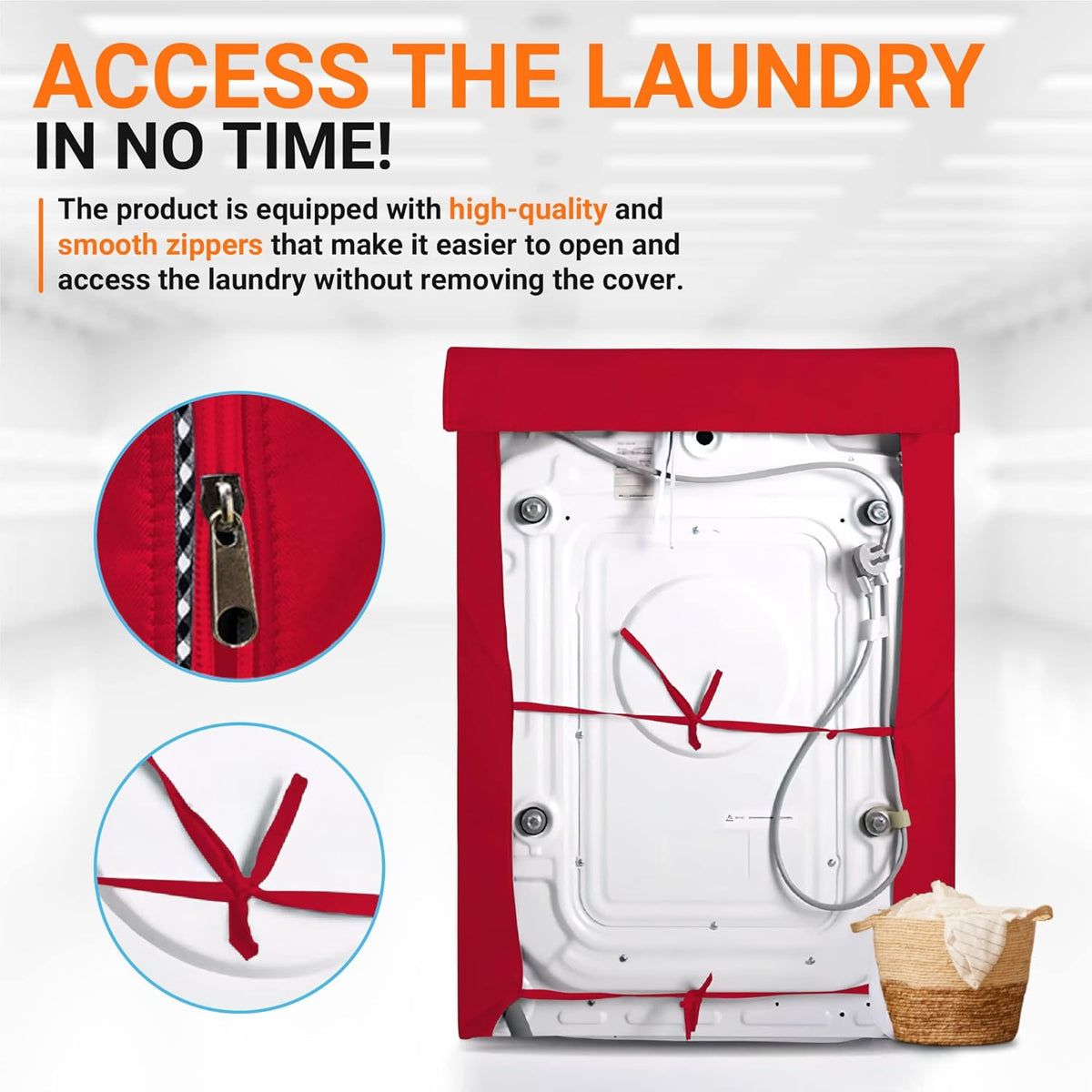 Red washing machine cover showing zipper detail and secure tie-back straps for easy access.