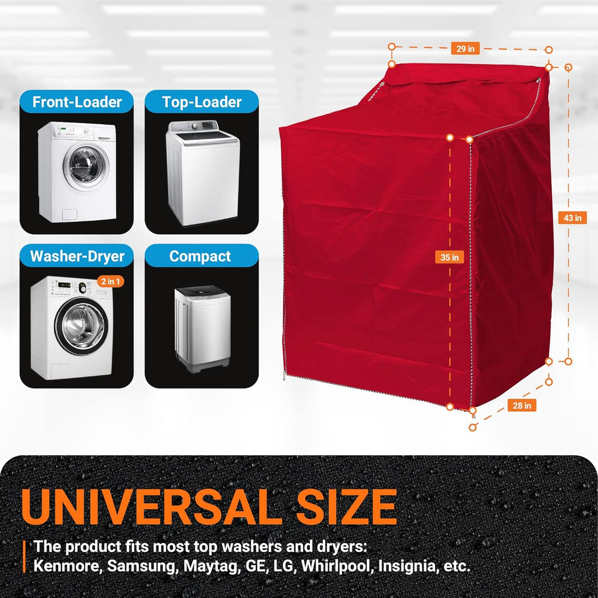 Red washing machine cover showing dimensions and compatibility with front-load and top-load washer and dryer models.