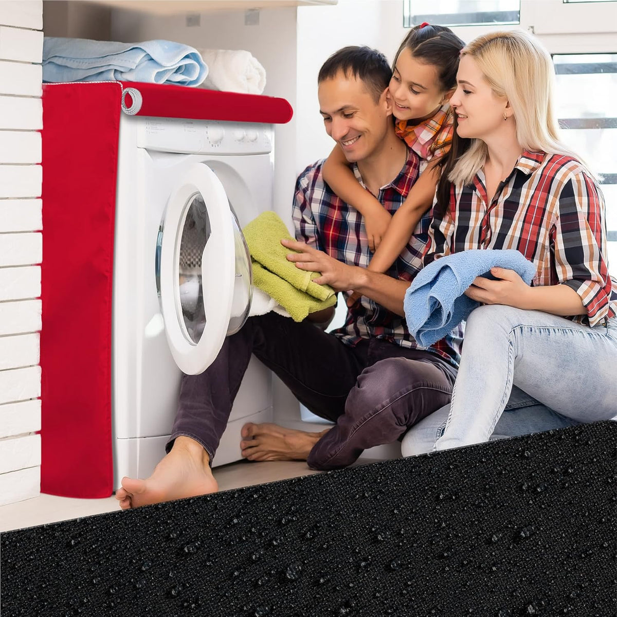 Red premium outdoor washing machine cover installed on a front-load washer with a family sitting nearby.