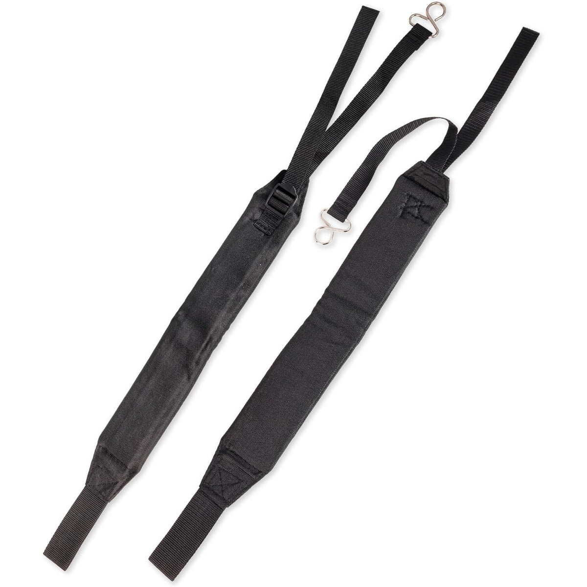 C061000111 Backpack Blower Straps, front view of two black straps with metal clips