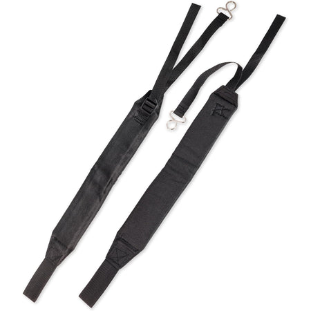 C061000111 Backpack Blower Straps, front view of two black straps with metal clips