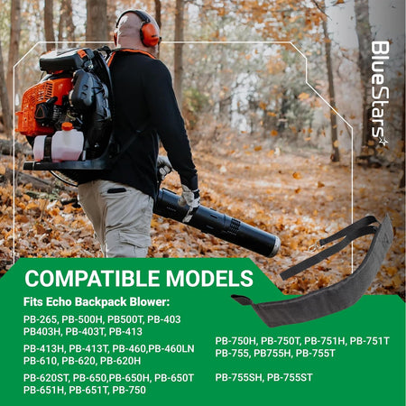C061000111 Backpack Blower Straps graphic showing a user with a backpack blower, straps, and listed Echo models.