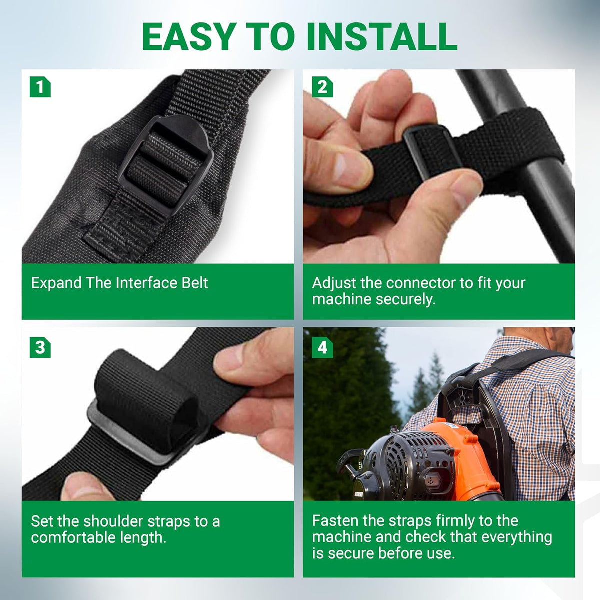 C061000111 Backpack Blower Straps for Echo PB-500 PB-265LN, four-panel installation guide with belt adjustment steps