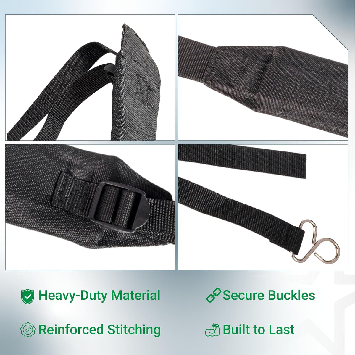 C061000111 Backpack Blower Straps close-ups show stitching, buckle, adjustable straps and metal hooks