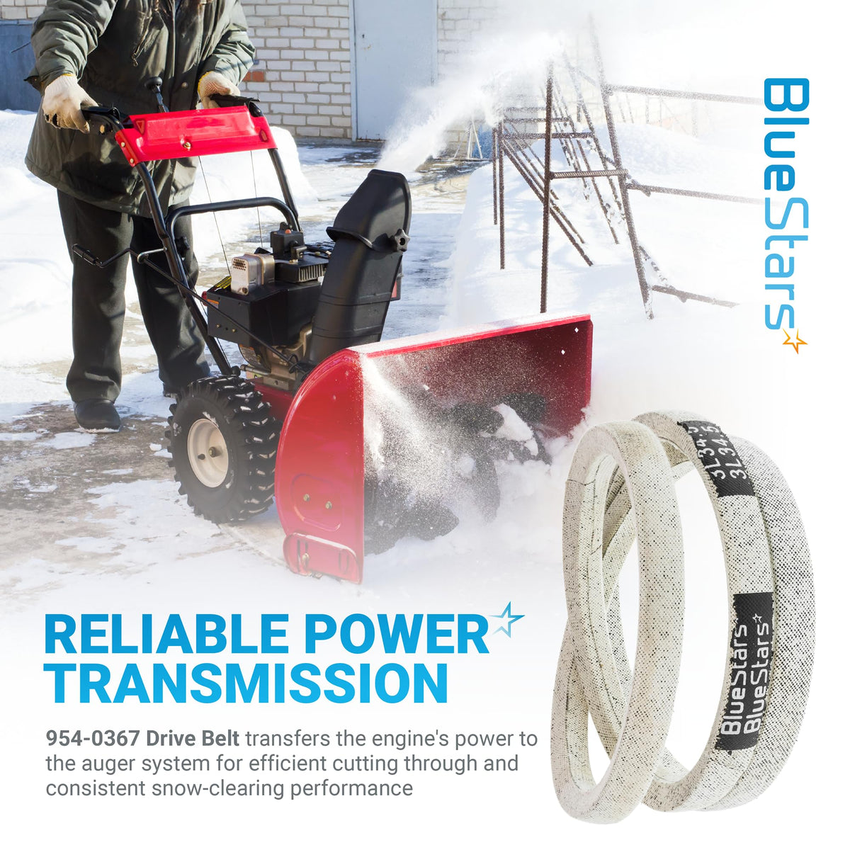 954-0367 replacement drive belt for snowblowers, shown with a person operating a snow thrower in winter.
