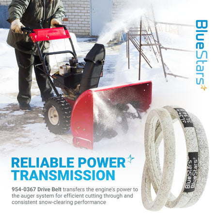 954-0367 replacement drive belt for snowblowers, shown with a person operating a snow thrower in winter.