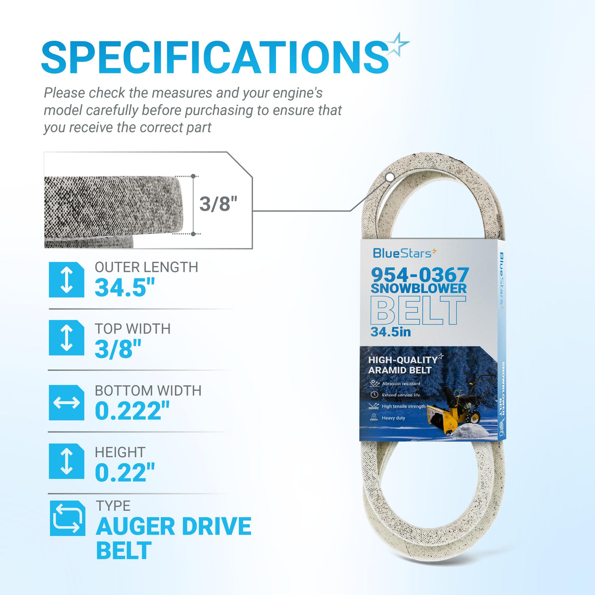 954-0367 snowblower drive belt specification chart showing dimensions and measurements for 3/8 inch by 34.5 inch belt.
