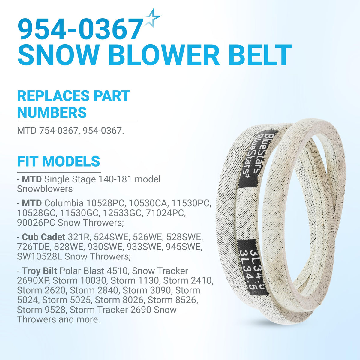 954-0367 replacement snowblower drive belt with compatibility and part number information graphic.