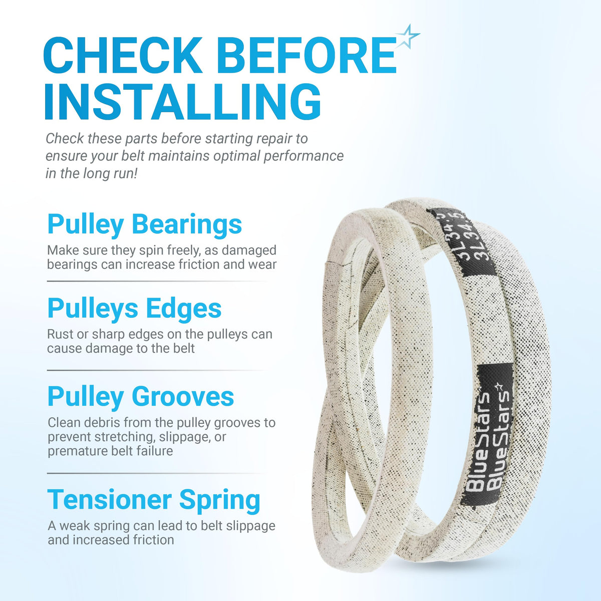 Informational graphic for 954-0367 snowblower drive belt installation tips and pulley maintenance checklist.