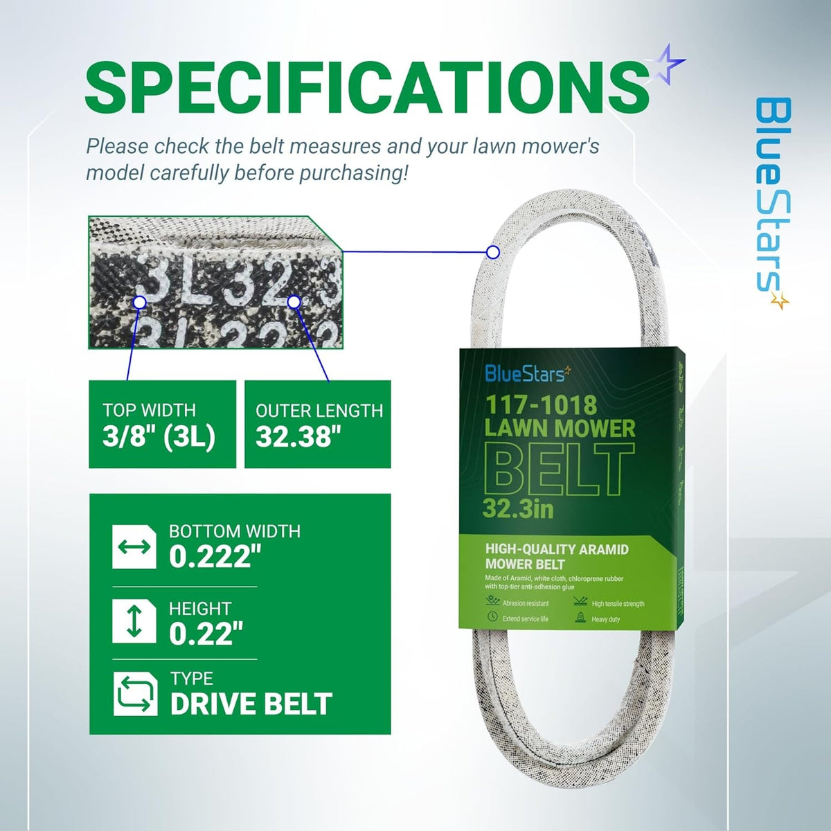 Specification chart for 117-1018 drive belt for Toro Recycler lawn mowers showing dimensions and material details.